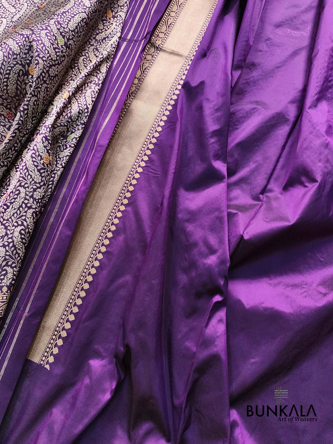 Purple Paisley Leaf Jaal Meenakari Kadwa Handweaved Sona Rupa Banarasi Pure Katan Silk Saree