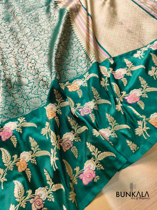 Bottle Green Big Skirt Kadwa Meenakari Border Tanchui Handwoven Banarasi Pure Katan Silk Saree