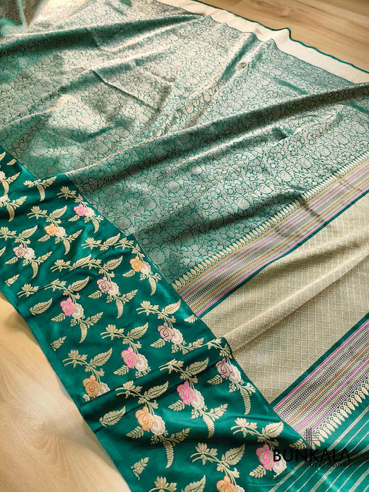 Bottle Green Big Skirt Kadwa Meenakari Border Tanchui Handwoven Banarasi Pure Katan Silk Saree