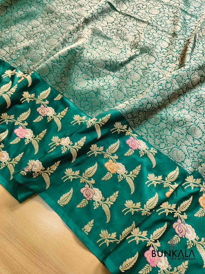 Bottle Green Big Skirt Kadwa Meenakari Border Tanchui Handwoven Banarasi Pure Katan Silk Saree