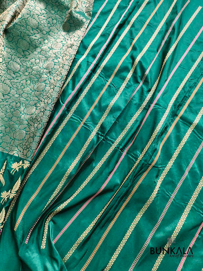 Bottle Green Big Skirt Kadwa Meenakari Border Tanchui Handwoven Banarasi Pure Katan Silk Saree