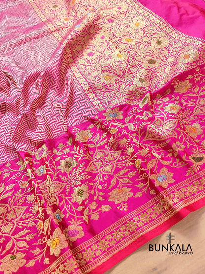 Pink Geometrical Design Tanchui Body Handloom Pure Katan Silk Big Meenakari Skirt Border Banarasi Saree