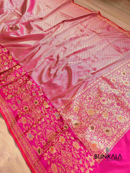 Pink Geometrical Design Tanchui Body Handloom Pure Katan Silk Big Meenakari Skirt Border Banarasi Saree