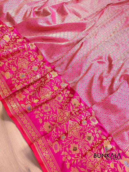 Pink Geometrical Design Tanchui Body Handloom Pure Katan Silk Big Meenakari Skirt Border Banarasi Saree