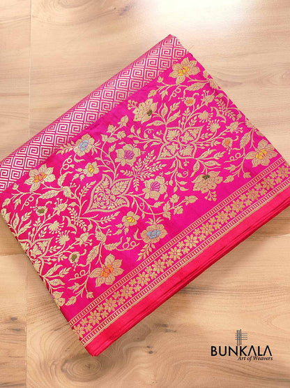 Pink Geometrical Design Tanchui Body Handloom Pure Katan Silk Big Meenakari Skirt Border Banarasi Saree