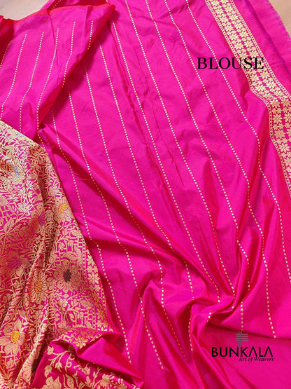 Pink Geometrical Design Tanchui Body Handloom Pure Katan Silk Big Meenakari Skirt Border Banarasi Saree