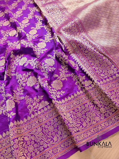 Purple Traditional Floral Jaal Design Kadwa Handweaved Pure Katan Silk Banarasi Saree