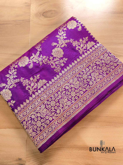 Purple Traditional Floral Jaal Design Kadwa Handweaved Pure Katan Silk Banarasi Saree