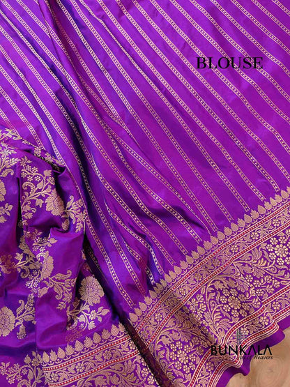 Purple Traditional Floral Jaal Design Kadwa Handweaved Pure Katan Silk Banarasi Saree