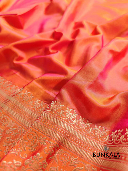 Pink and Orange Two tone Shot Color Plain Handloom Pure Katan Silk Kadwa Sona Rupa Border Banarasi Saree with Brocade Blouse