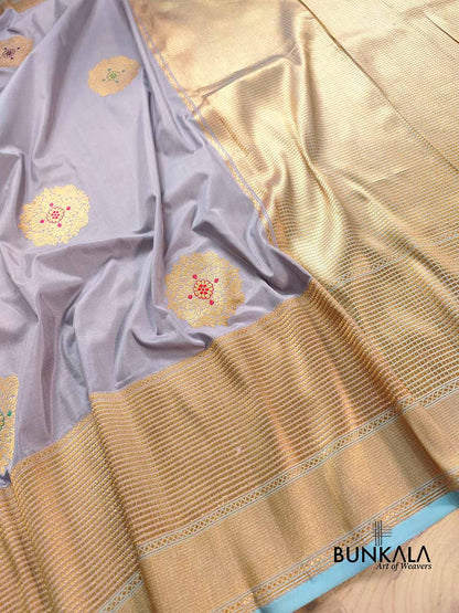 Grey Antique Zari Big Allover Meenakari Kadwa Handweaved Buta Pure Katan Silk Banarasi Saree