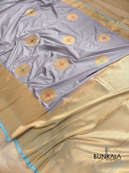 Grey Antique Zari Big Allover Meenakari Kadwa Handweaved Buta Pure Katan Silk Banarasi Saree