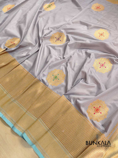 Grey Antique Zari Big Allover Meenakari Kadwa Handweaved Buta Pure Katan Silk Banarasi Saree