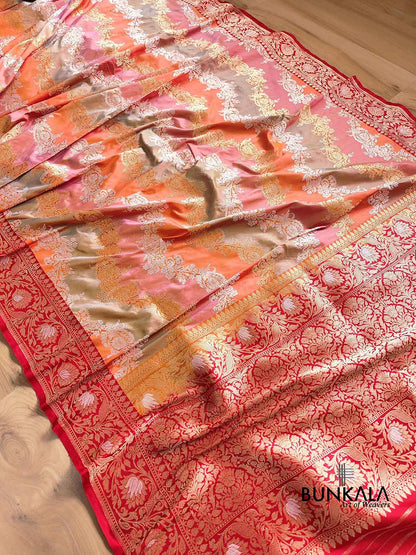 Pastel Multicolor Rangkaat Kadwa Handweaved Gold and Silver Zari Pure Katan Silk Banarasi Saree with Red Contrast Border