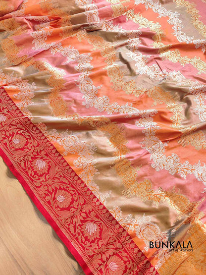 Pastel Multicolor Rangkaat Kadwa Handweaved Gold and Silver Zari Pure Katan Silk Banarasi Saree with Red Contrast Border