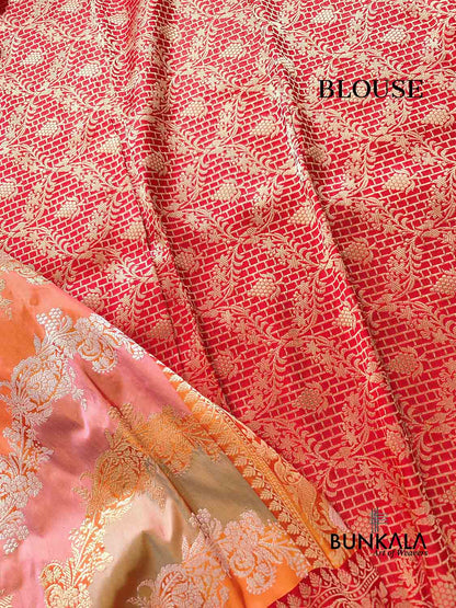 Pastel Multicolor Rangkaat Kadwa Handweaved Gold and Silver Zari Pure Katan Silk Banarasi Saree with Red Contrast Border