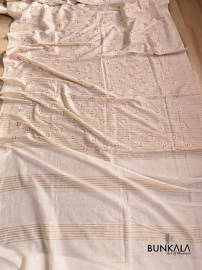 Off White Cotton Embroidered Meenakari Floral Buti Work Saree