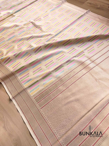Off White Pastel Geometrical Rangkat Kadwa Handweaved Banarasi Pure Katan Silk Saree