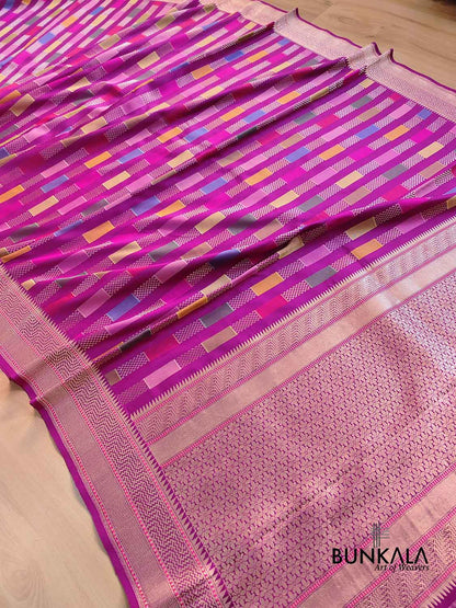 Magenta Pink Geometrical Rangkat Kadwa Handweaved Banarasi Pure Katan Silk Saree