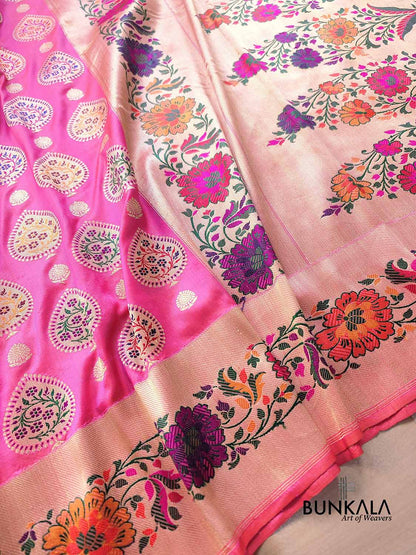 Pink Multi Meenakari Buta Floral Border Kadwa Handweaved Banarasi Pure Katan Silk Saree