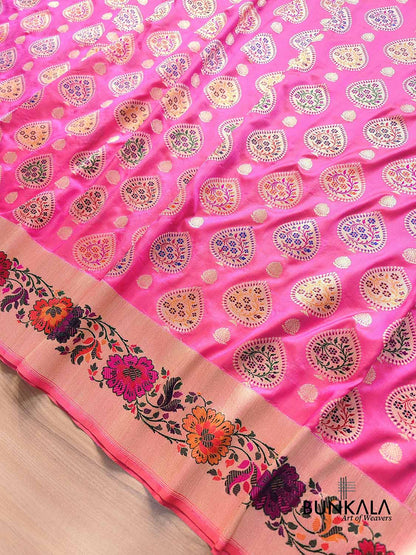 Pink Multi Meenakari Buta Floral Border Kadwa Handweaved Banarasi Pure Katan Silk Saree