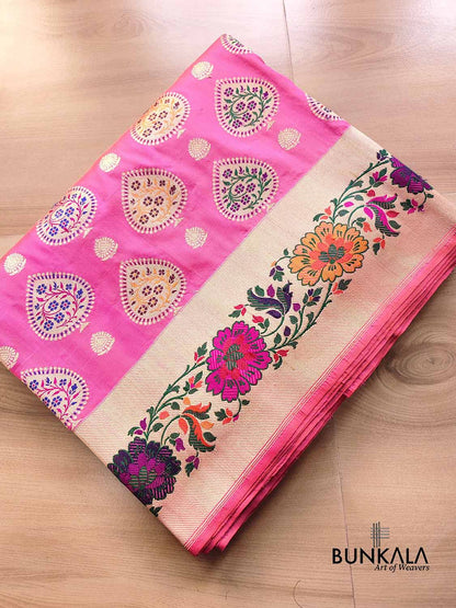 Pink Multi Meenakari Buta Floral Border Kadwa Handweaved Banarasi Pure Katan Silk Saree