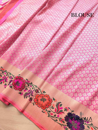 Pink Multi Meenakari Buta Floral Border Kadwa Handweaved Banarasi Pure Katan Silk Saree