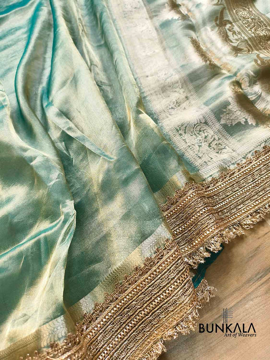 Green Embroidered Stylish Lace Work Zari Border Banarasi Plain Pure Tissue Silk Saree