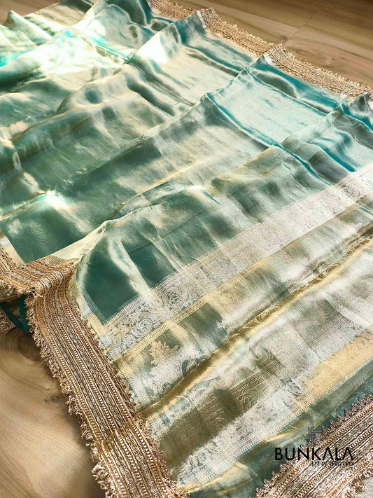 Green Embroidered Stylish Lace Work Zari Border Banarasi Plain Pure Tissue Silk Saree