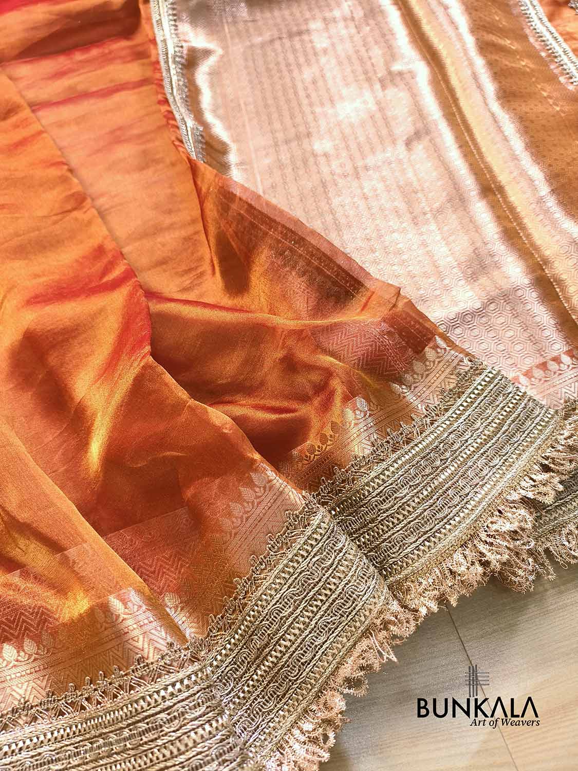 Orange Double Shaded Embroidered Stylish Lace Work Zari Border Banarasi Plain Pure Tissue Silk Saree