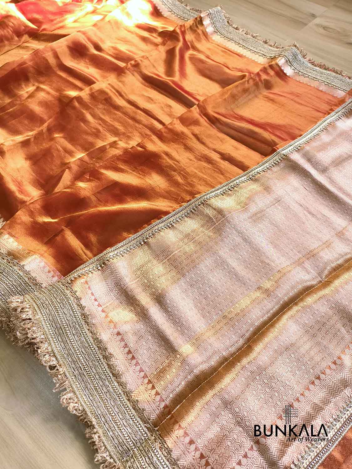 Orange Double Shaded Embroidered Stylish Lace Work Zari Border Banarasi Plain Pure Tissue Silk Saree