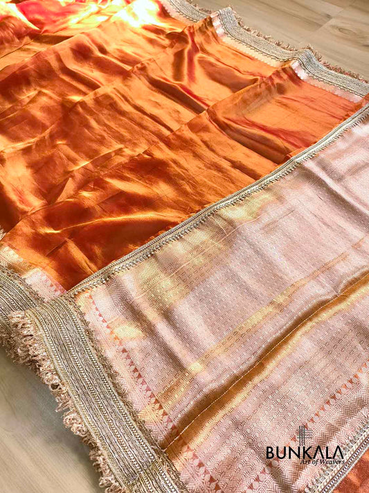 Orange Double Shaded Embroidered Stylish Lace Work Zari Border Banarasi Plain Pure Tissue Silk Saree