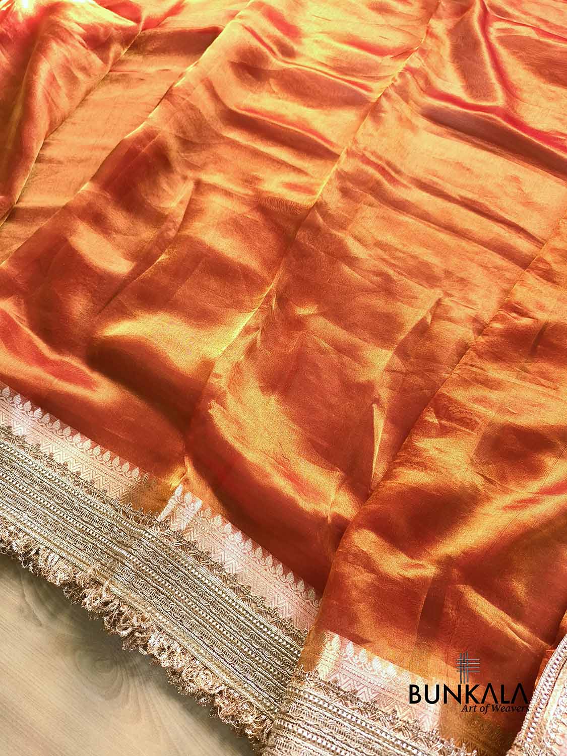 Orange Double Shaded Embroidered Stylish Lace Work Zari Border Banarasi Plain Pure Tissue Silk Saree