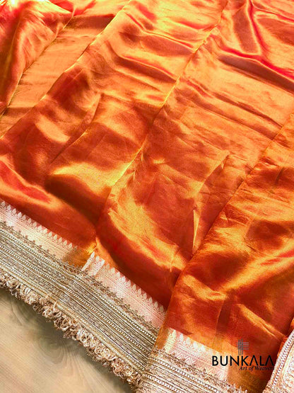 Orange Double Shaded Embroidered Stylish Lace Work Zari Border Banarasi Plain Pure Tissue Silk Saree
