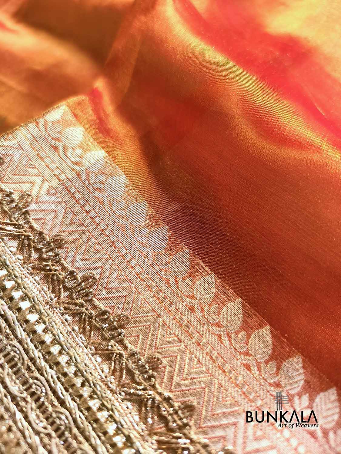 Orange Double Shaded Embroidered Stylish Lace Work Zari Border Banarasi Plain Pure Tissue Silk Saree