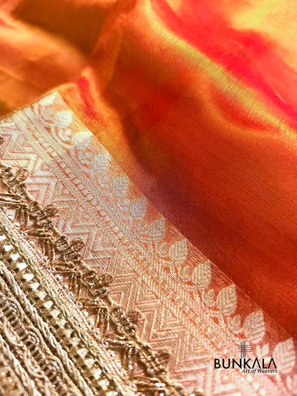 Orange Double Shaded Embroidered Stylish Lace Work Zari Border Banarasi Plain Pure Tissue Silk Saree