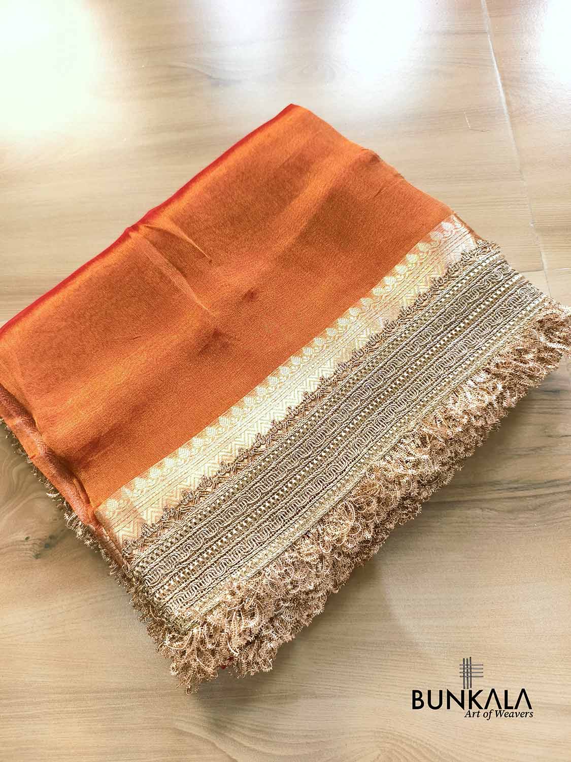 Orange Double Shaded Embroidered Stylish Lace Work Zari Border Banarasi Plain Pure Tissue Silk Saree