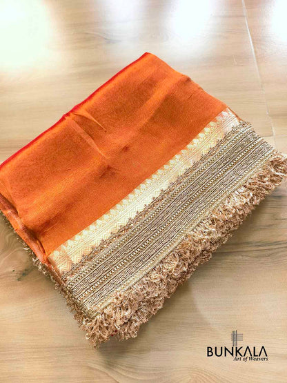 Orange Double Shaded Embroidered Stylish Lace Work Zari Border Banarasi Plain Pure Tissue Silk Saree