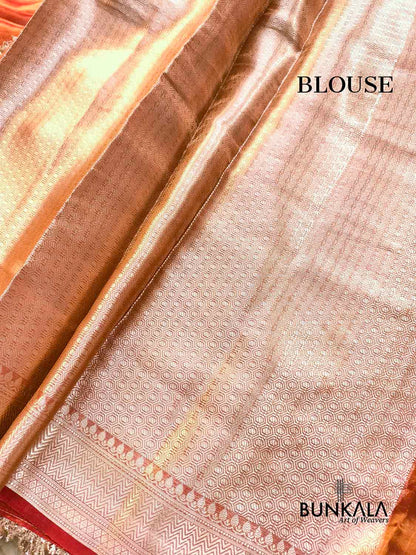 Orange Double Shaded Embroidered Stylish Lace Work Zari Border Banarasi Plain Pure Tissue Silk Saree