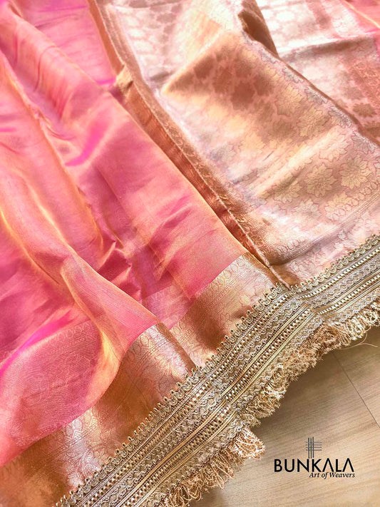 Pink Double Shaded Embroidered Stylish Lace Work Zari Border Banarasi Plain Pure Tissue Silk Saree