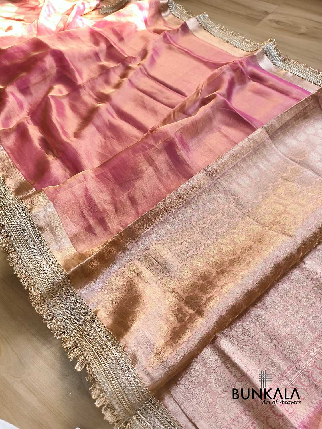 Pink Double Shaded Embroidered Stylish Lace Work Zari Border Banarasi Plain Pure Tissue Silk Saree