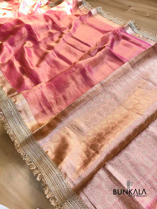 Pink Double Shaded Embroidered Stylish Lace Work Zari Border Banarasi Plain Pure Tissue Silk Saree