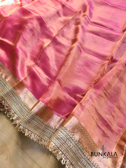 Pink Double Shaded Embroidered Stylish Lace Work Zari Border Banarasi Plain Pure Tissue Silk Saree