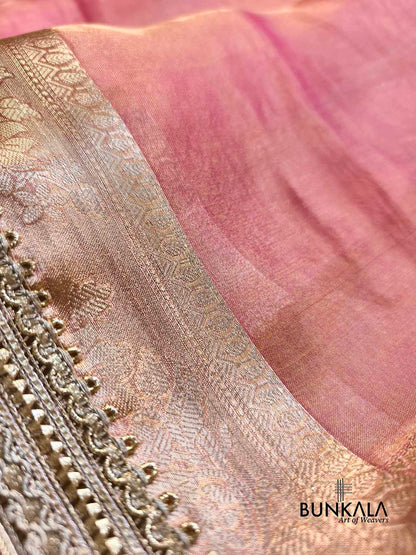 Pink Double Shaded Embroidered Stylish Lace Work Zari Border Banarasi Plain Pure Tissue Silk Saree