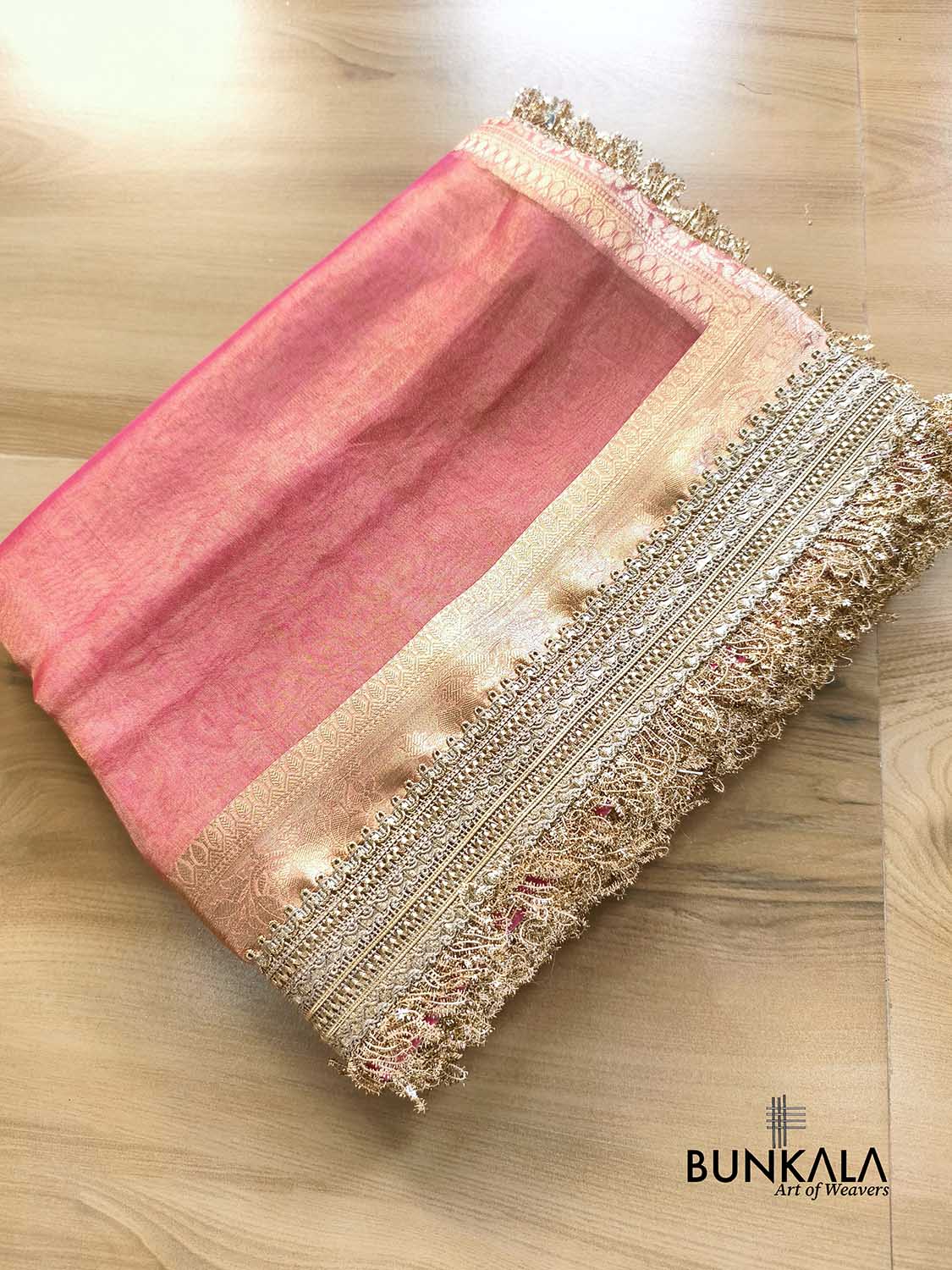 Pink Double Shaded Embroidered Stylish Lace Work Zari Border Banarasi Plain Pure Tissue Silk Saree