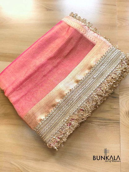 Pink Double Shaded Embroidered Stylish Lace Work Zari Border Banarasi Plain Pure Tissue Silk Saree
