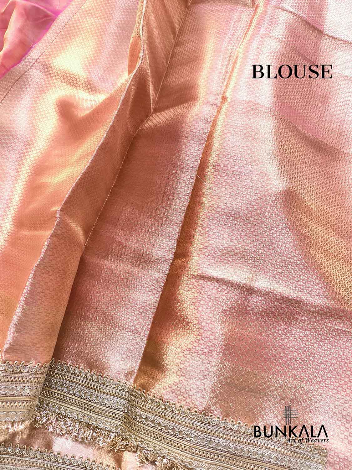 Pink Double Shaded Embroidered Stylish Lace Work Zari Border Banarasi Plain Pure Tissue Silk Saree