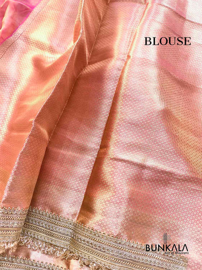 Pink Double Shaded Embroidered Stylish Lace Work Zari Border Banarasi Plain Pure Tissue Silk Saree