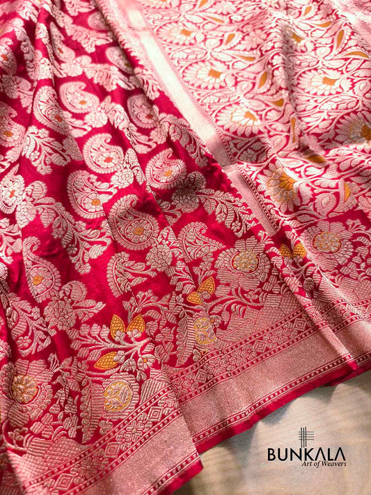 Bright Red Heritage Paisley Design Meenakari Handloom Banarasi Pure Katan Silk Saree