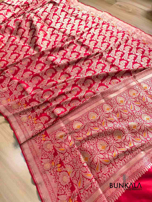 Bright Red Heritage Paisley Design Meenakari Handloom Banarasi Pure Katan Silk Saree